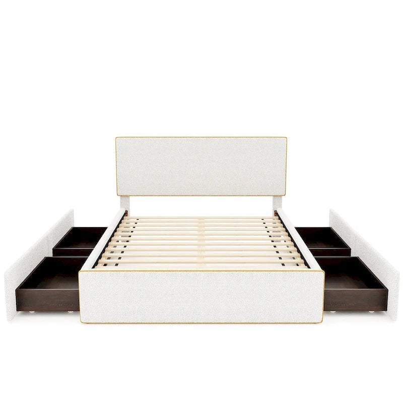 Cama tapizada de plataforma tamaño matrimonial (Full Size) blanca/gris con 4 cajones, para 2