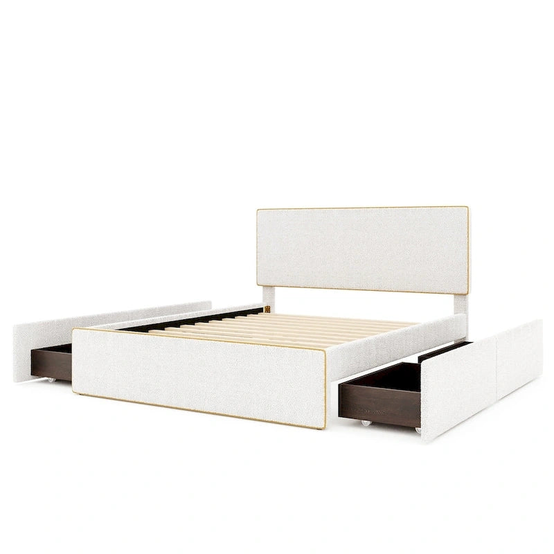 Cama tapizada de plataforma tamaño matrimonial (Full Size) blanca/gris con 4 cajones, para 2