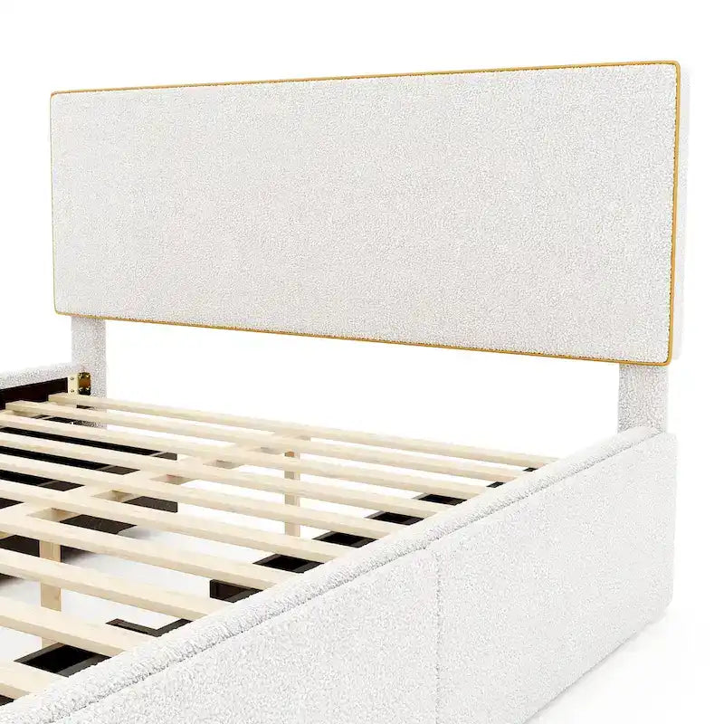Cama tapizada de plataforma tamaño matrimonial (Full Size) blanca/gris con 4 cajones, para 2