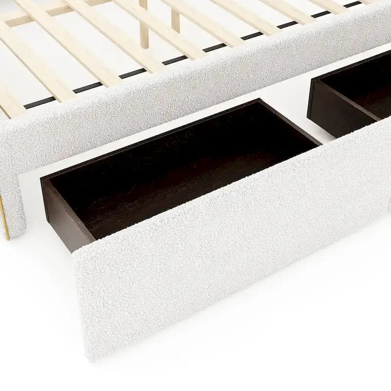 Cama tapizada de plataforma tamaño matrimonial (Full Size) blanca/gris con 4 cajones, para 2