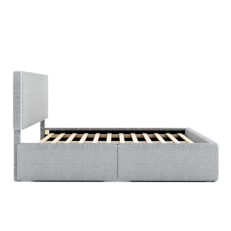 Cama tapizada de plataforma tamaño matrimonial (Full Size) blanca/gris con 4 cajones, para 2