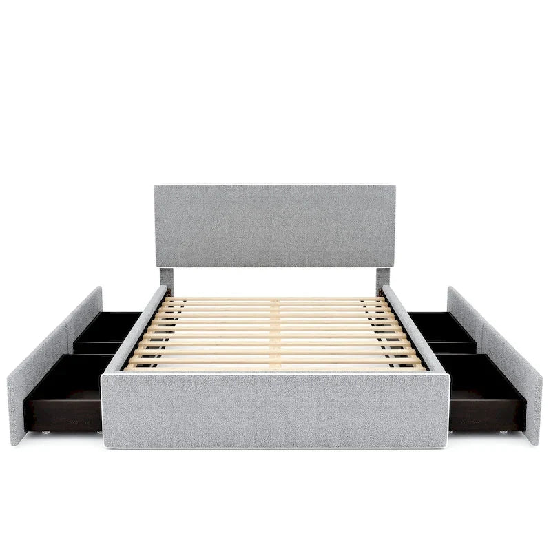 Cama tapizada de plataforma tamaño matrimonial (Full Size) blanca/gris con 4 cajones, para 2