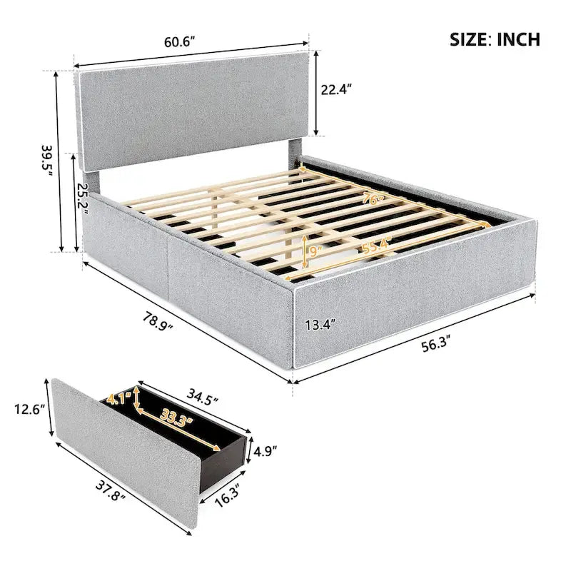 Cama tapizada de plataforma tamaño matrimonial (Full Size) blanca/gris con 4 cajones, para 2