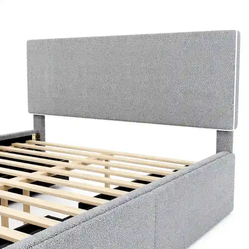 Cama tapizada de plataforma tamaño matrimonial (Full Size) blanca/gris con 4 cajones, para 2