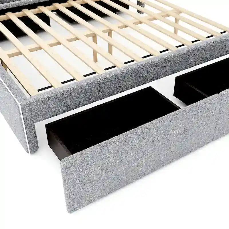 Cama tapizada de plataforma tamaño matrimonial (Full Size) blanca/gris con 4 cajones, para 2