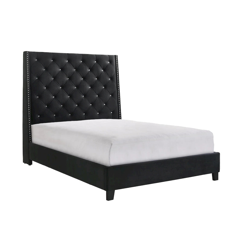 Cama tapizada con botones capitoné de terciopelo negro – Queen / King