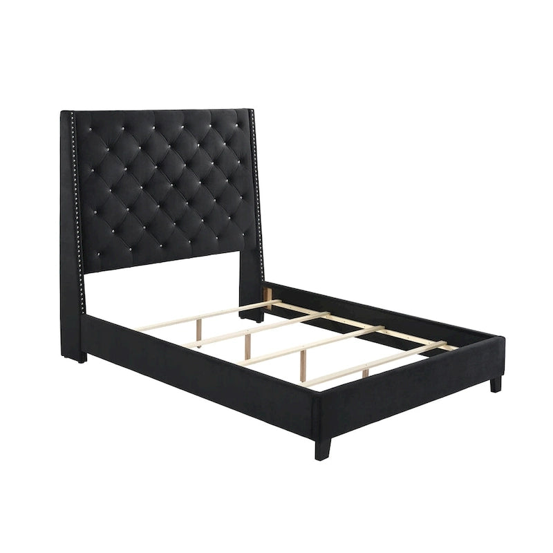 Cama tapizada con botones capitoné de terciopelo negro – Queen / King
