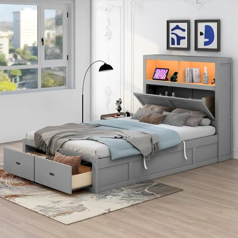Cama de plataforma matrimonial gris con cabecero LED, cajones de almacenamiento y estación de carga – Para 2