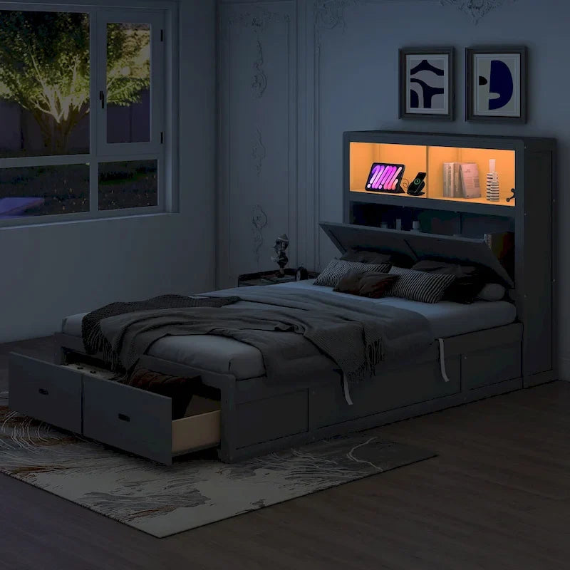 Cama de plataforma matrimonial gris con cabecero LED, cajones de almacenamiento y estación de carga – Para 2