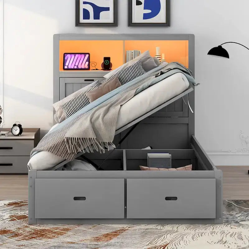 Cama de plataforma matrimonial gris con cabecero LED, cajones de almacenamiento y estación de carga – Para 2