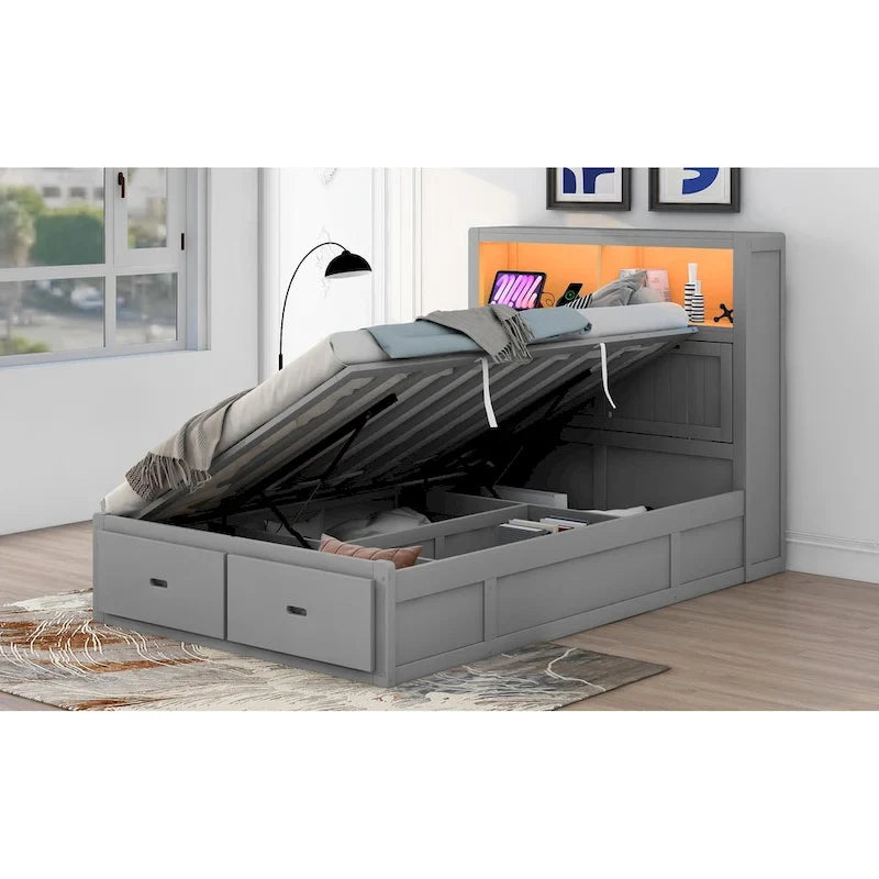 Cama de plataforma matrimonial gris con cabecero LED, cajones de almacenamiento y estación de carga – Para 2