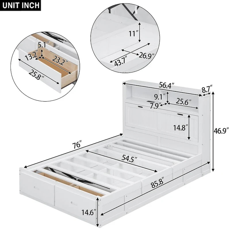 Cama de plataforma matrimonial gris con cabecero LED, cajones de almacenamiento y estación de carga – Para 2