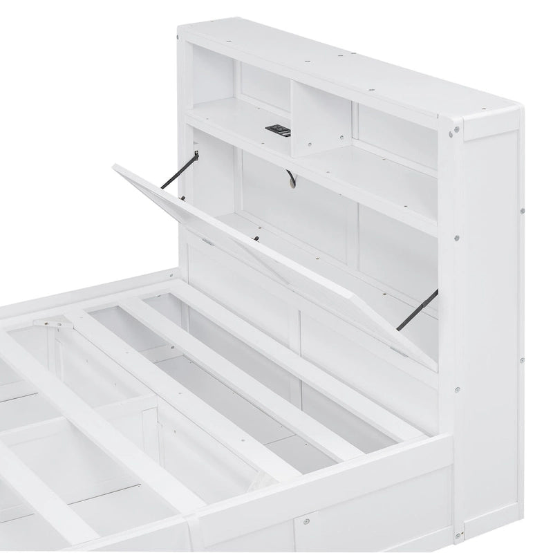 Cama de plataforma matrimonial gris con cabecero LED, cajones de almacenamiento y estación de carga – Para 2