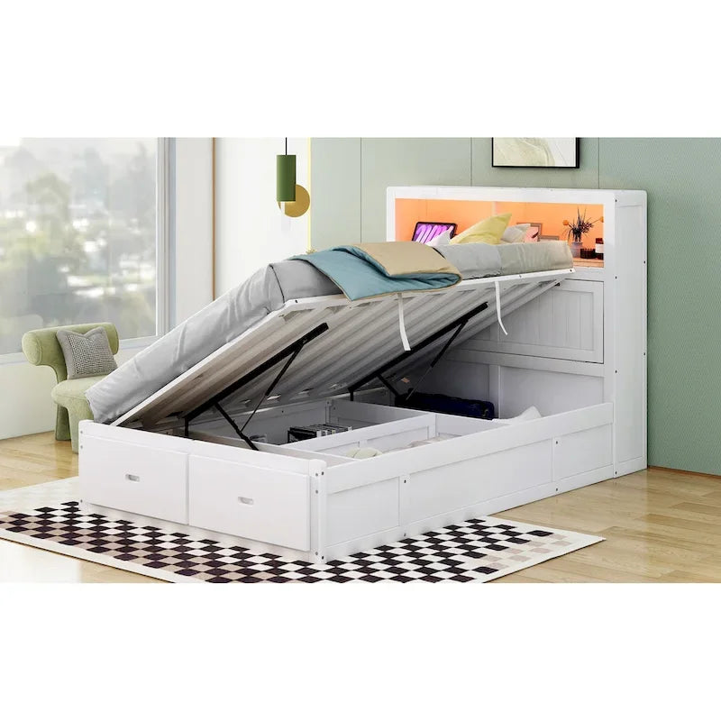 Cama de plataforma matrimonial gris con cabecero LED, cajones de almacenamiento y estación de carga – Para 2