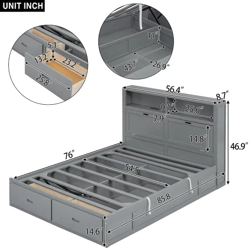Cama de plataforma matrimonial gris con cabecero LED, cajones de almacenamiento y estación de carga – Para 2