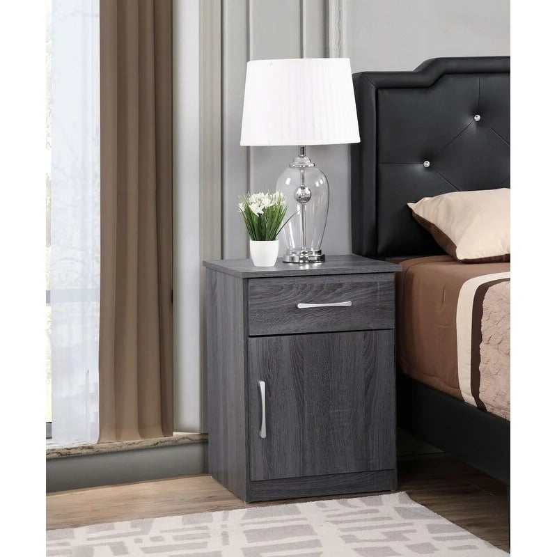 Mesita de noche de madera con 1 cajón, Wengué/Gris/Sándalo, Individual