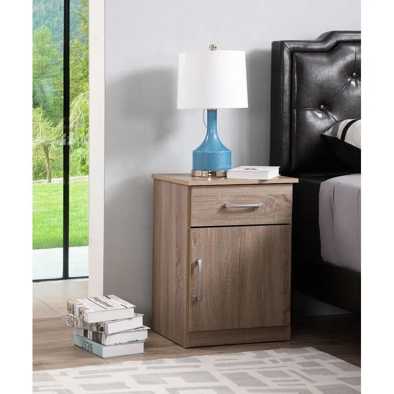 Mesita de noche de madera con 1 cajón, Wengué/Gris/Sándalo, Individual