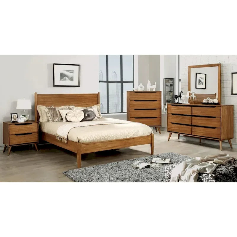 Juego de dormitorio de plataforma moderno de mediados de siglo de 4 piezas en roble marrón – Para 1–2 personas