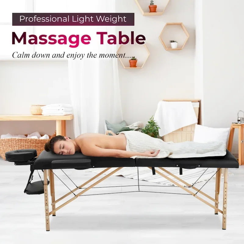 Mesa de Masaje Plegable Portátil Negra – Altura Ajustable, Reposabrazos y Almohada Facial, 1 Persona