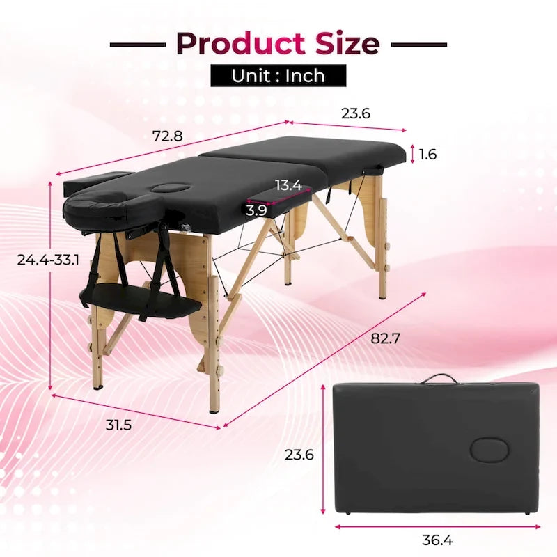 Mesa de Masaje Plegable Portátil Negra – Altura Ajustable, Reposabrazos y Almohada Facial, 1 Persona