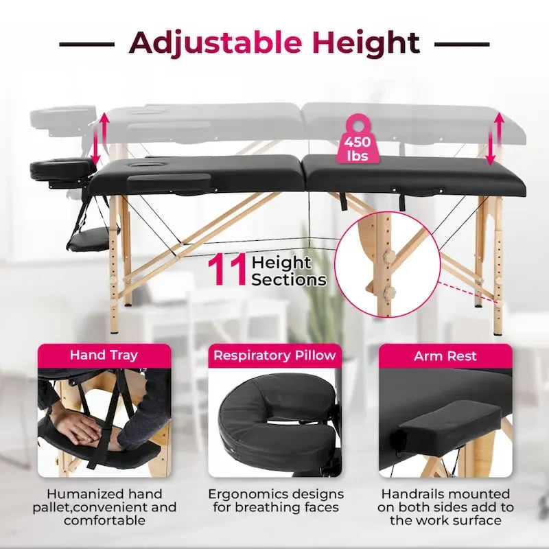 Mesa de Masaje Plegable Portátil Negra – Altura Ajustable, Reposabrazos y Almohada Facial, 1 Persona