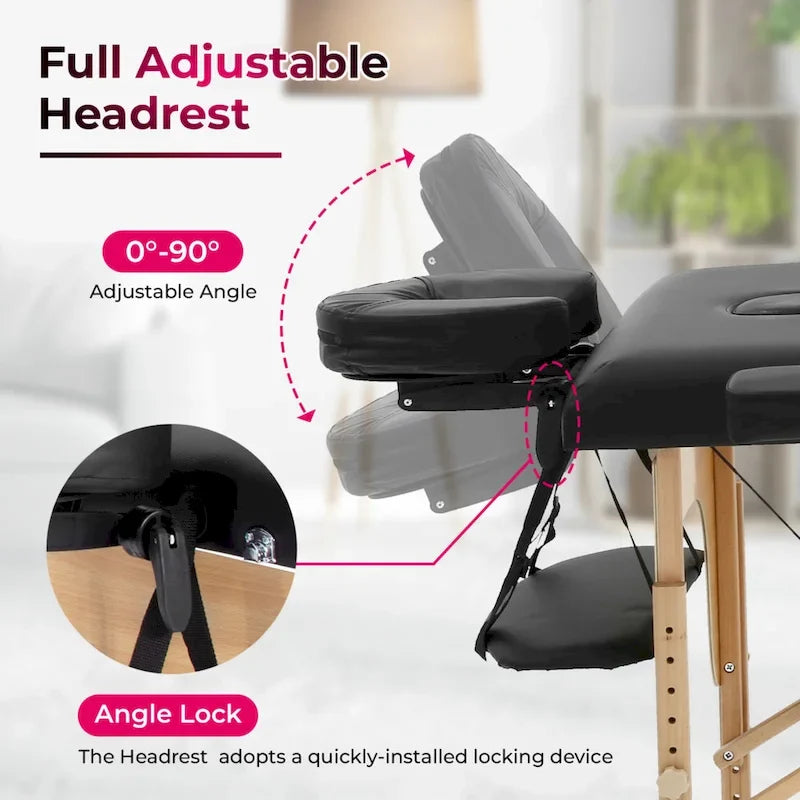 Mesa de Masaje Plegable Portátil Negra – Altura Ajustable, Reposabrazos y Almohada Facial, 1 Persona