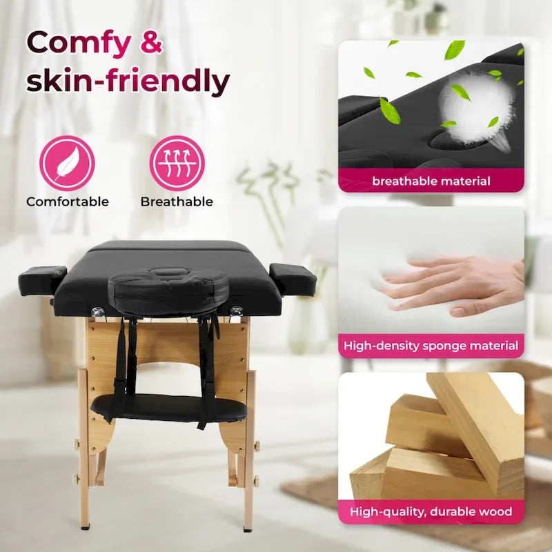 Mesa de Masaje Plegable Portátil Negra – Altura Ajustable, Reposabrazos y Almohada Facial, 1 Persona