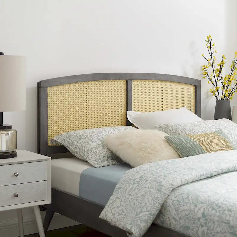 Cabecero de cama de matrimonio de arco, de caña tejida, en nogal/gris/negro – Cama individual