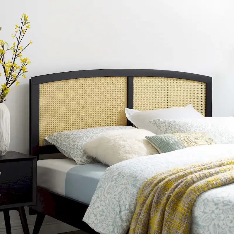 Cabecero de cama de matrimonio de arco, de caña tejida, en nogal/gris/negro – Cama individual