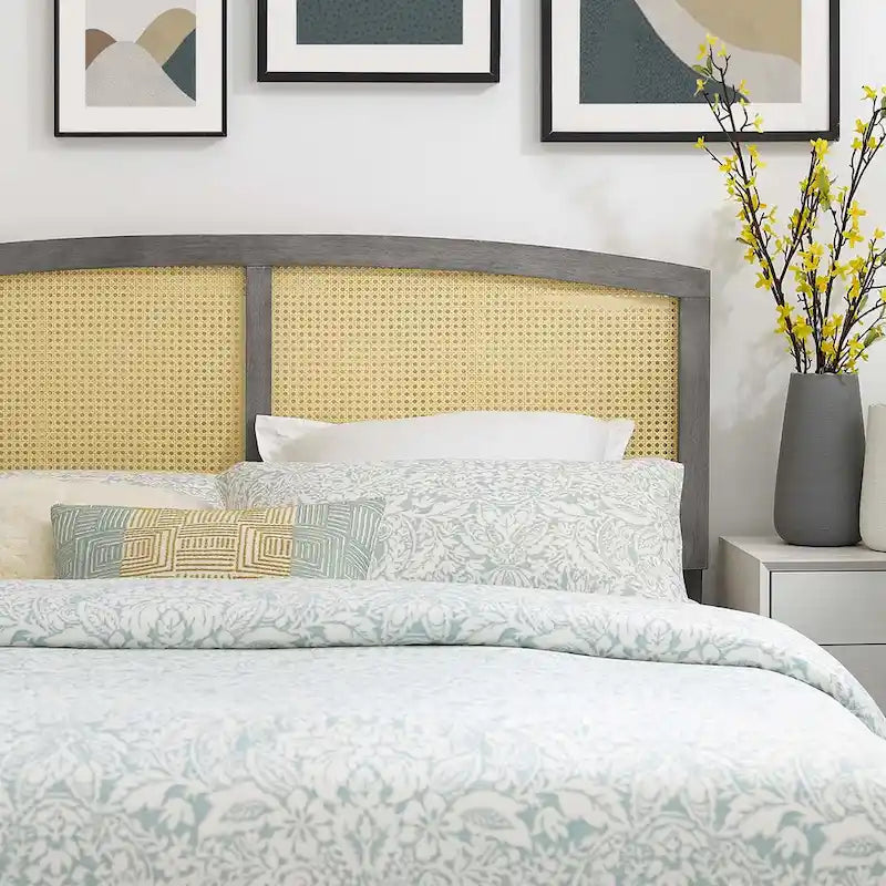Cabecero de cama de matrimonio de arco, de caña tejida, en nogal/gris/negro – Cama individual