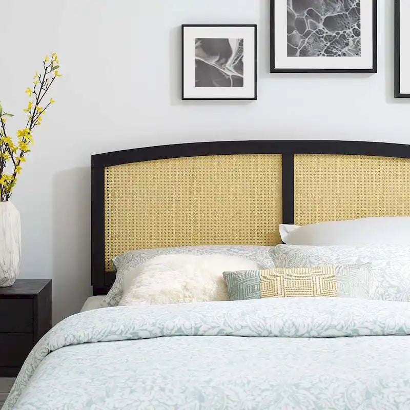 Cabecero de cama de matrimonio de arco, de caña tejida, en nogal/gris/negro – Cama individual