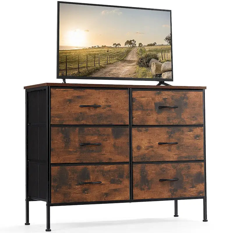6 Drawers Dresser Chest with Metal Frame and Wooden Top