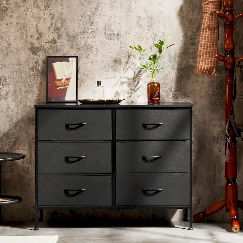 Cómoda de 6 cajones, Gris/Negro/Blanco/Marrón Rústico, Estructura de metal y encimera de madera, Individual