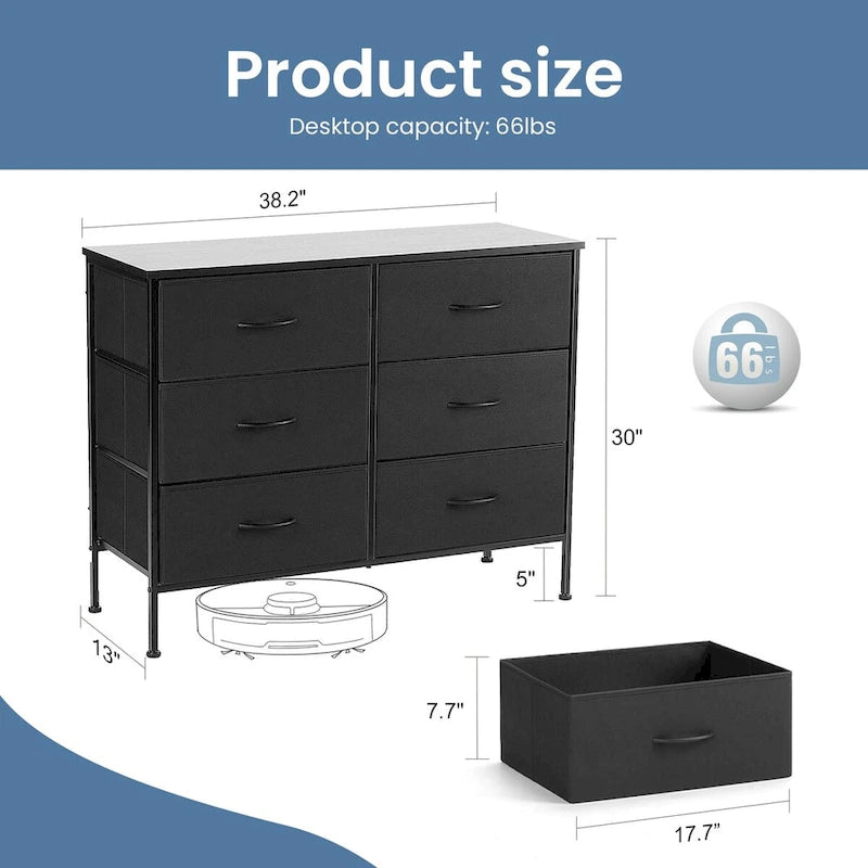Cómoda de 6 cajones, Gris/Negro/Blanco/Marrón Rústico, Estructura de metal y encimera de madera, Individual
