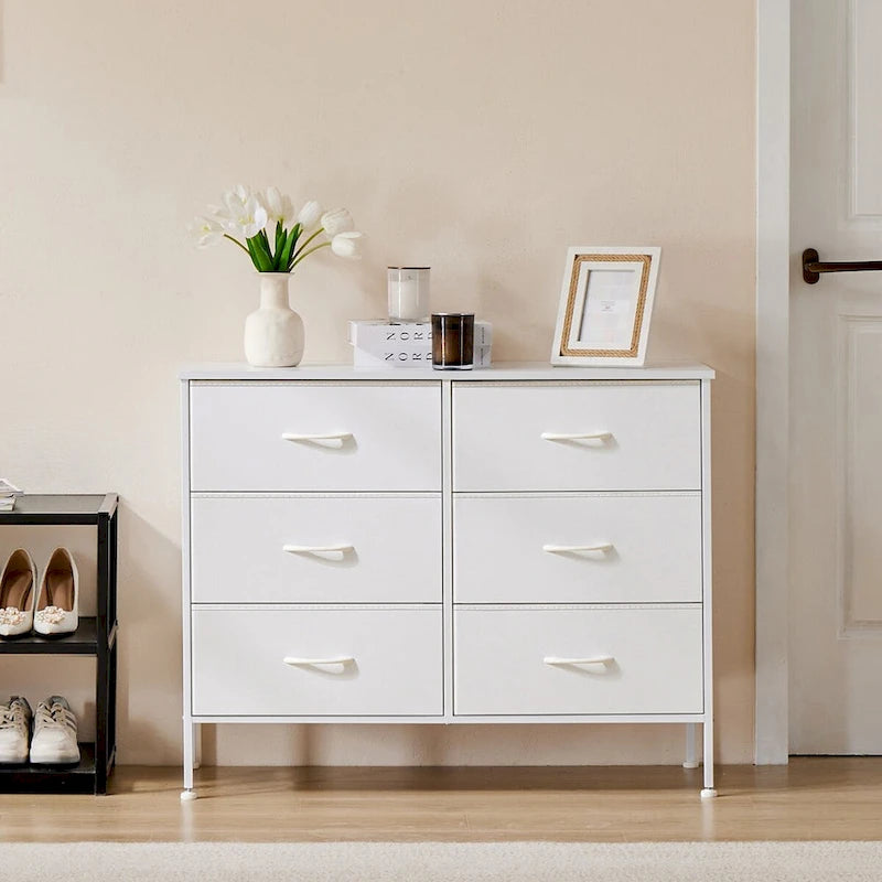 Cómoda de 6 cajones, Gris/Negro/Blanco/Marrón Rústico, Estructura de metal y encimera de madera, Individual