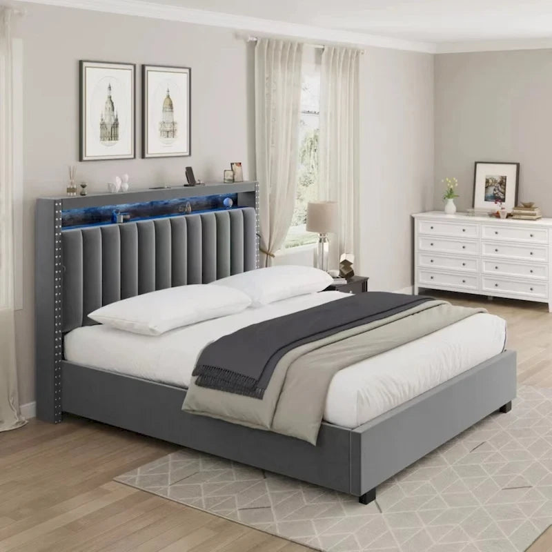 Cama tapizada tamaño Queen azul/gris con almacenaje y luces LED, para 2 personas
