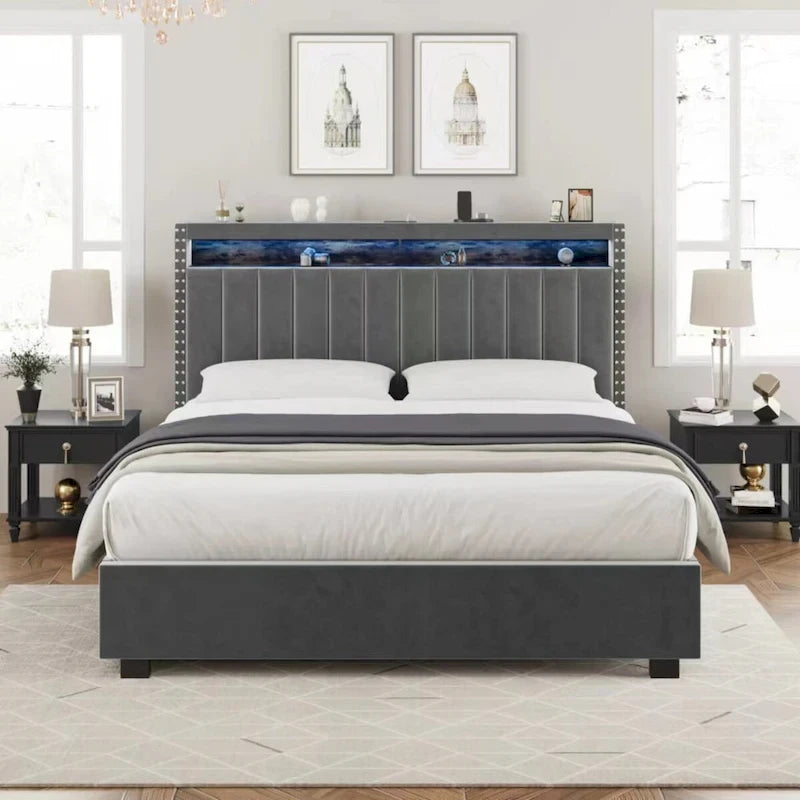 Cama tapizada tamaño Queen azul/gris con almacenaje y luces LED, para 2 personas