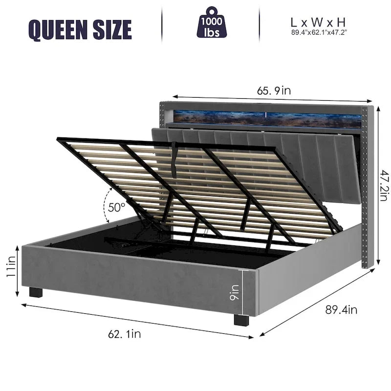 Cama tapizada tamaño Queen azul/gris con almacenaje y luces LED, para 2 personas