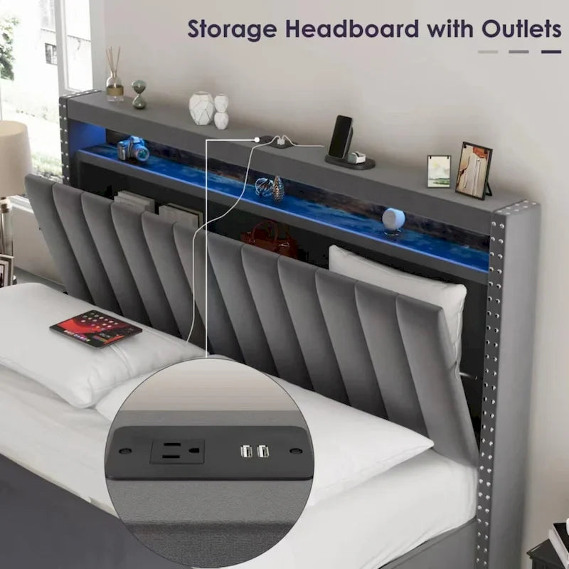 Cama tapizada tamaño Queen azul/gris con almacenaje y luces LED, para 2 personas