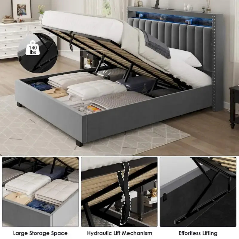 Cama tapizada tamaño Queen azul/gris con almacenaje y luces LED, para 2 personas