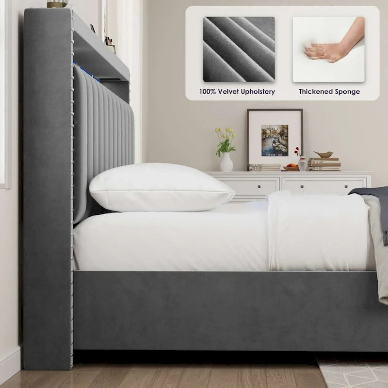 Cama tapizada tamaño Queen azul/gris con almacenaje y luces LED, para 2 personas