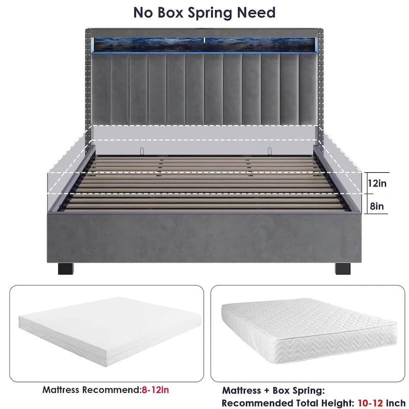 Cama tapizada tamaño Queen azul/gris con almacenaje y luces LED, para 2 personas