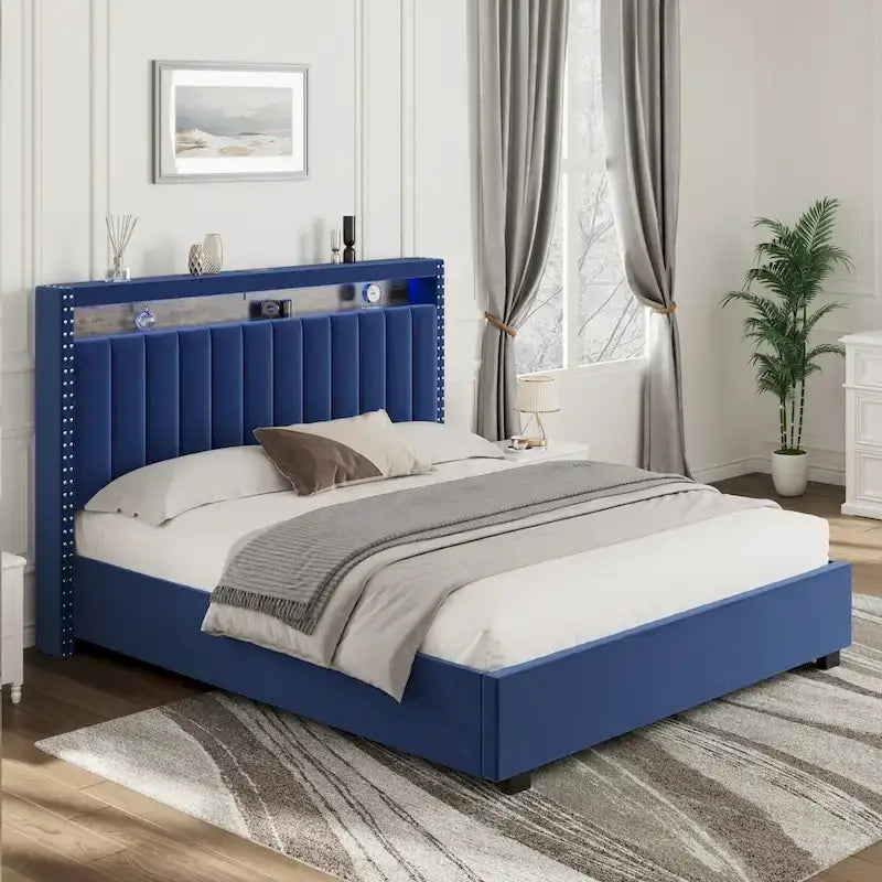 Cama tapizada tamaño Queen azul/gris con almacenaje y luces LED, para 2 personas