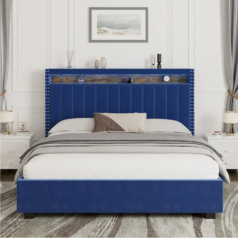 Cama tapizada tamaño Queen azul/gris con almacenaje y luces LED, para 2 personas