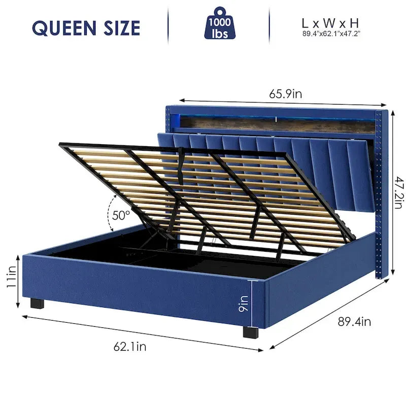 Cama tapizada tamaño Queen azul/gris con almacenaje y luces LED, para 2 personas