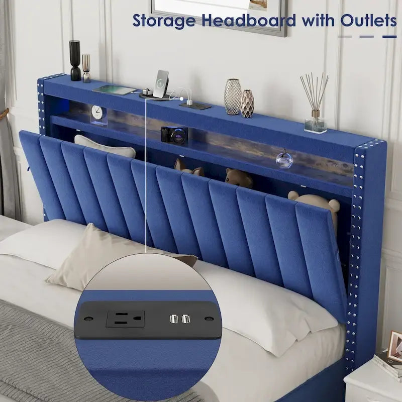 Cama tapizada tamaño Queen azul/gris con almacenaje y luces LED, para 2 personas