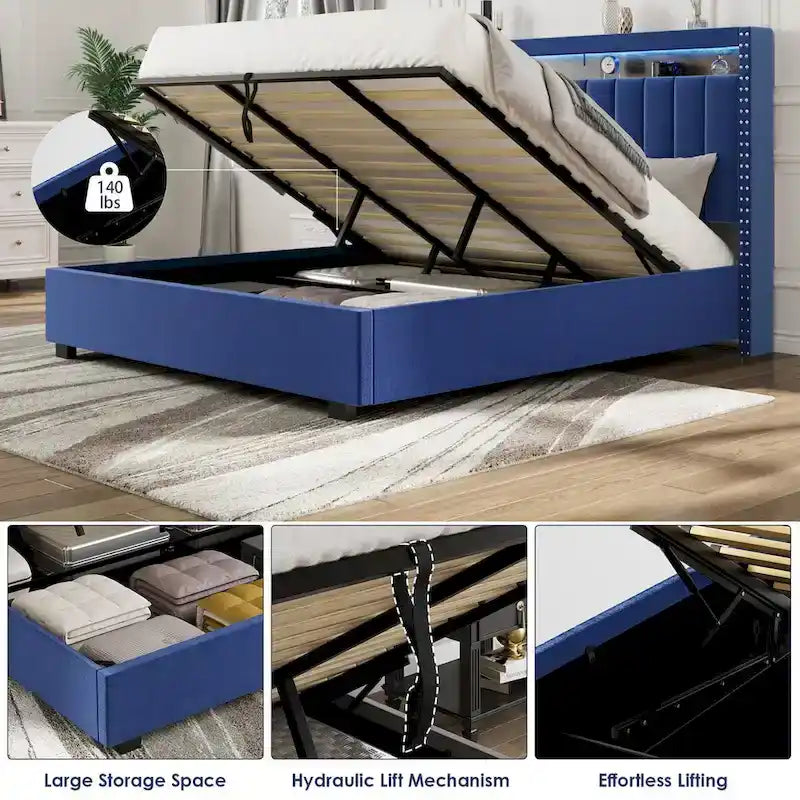 Cama tapizada tamaño Queen azul/gris con almacenaje y luces LED, para 2 personas