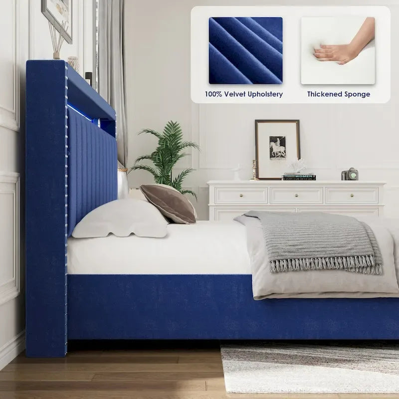 Cama tapizada tamaño Queen azul/gris con almacenaje y luces LED, para 2 personas