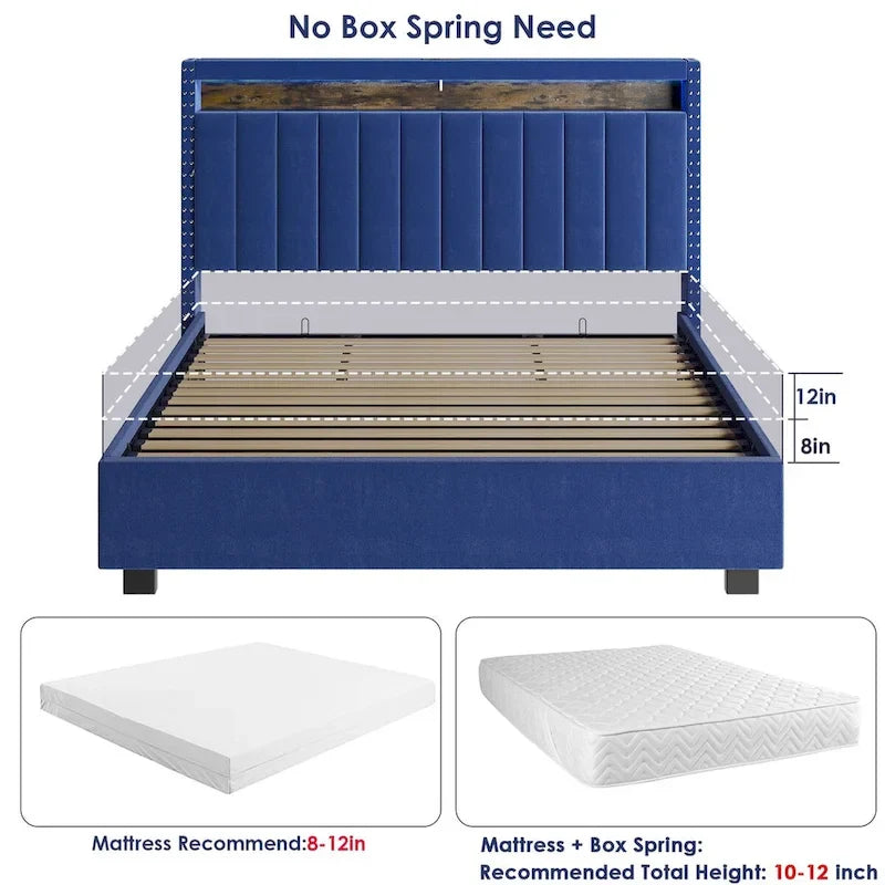 Cama tapizada tamaño Queen azul/gris con almacenaje y luces LED, para 2 personas