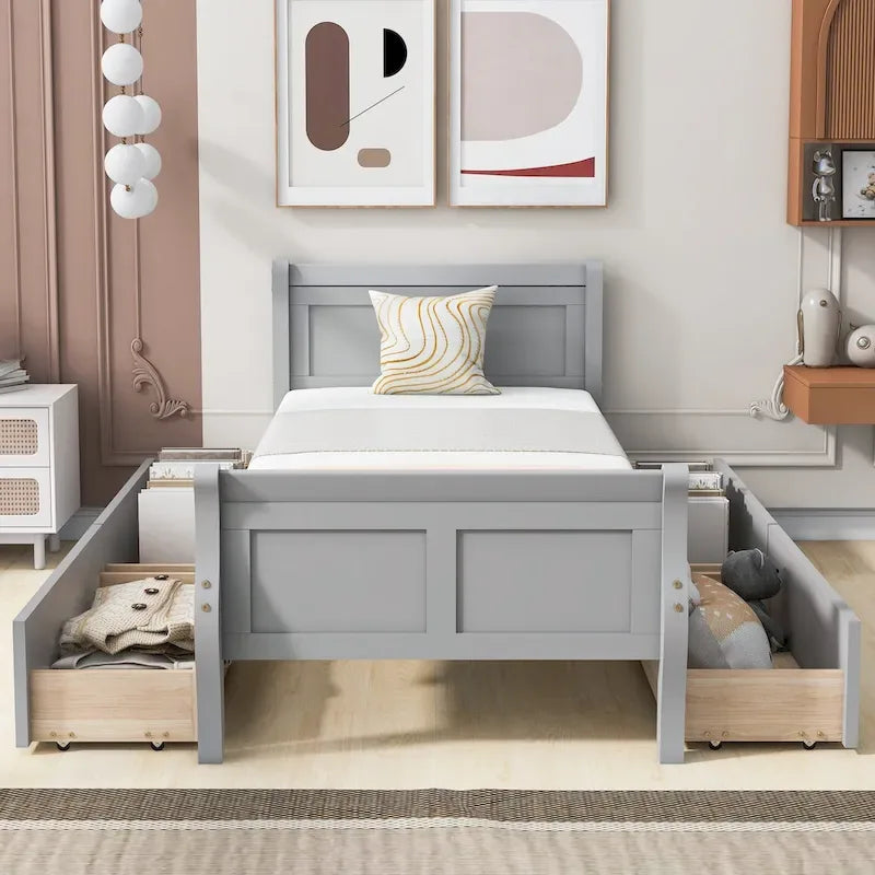 Cama de Plataforma de Madera Individual (Twin) de Roble/Espresso/Gris/Blanco con 4 Cajones
